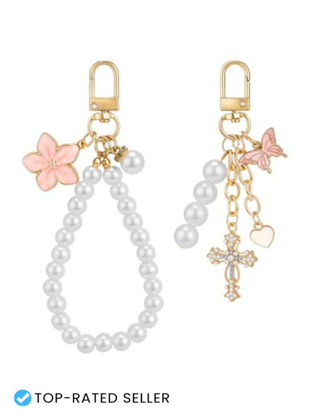 2 Pcs Y2K Pearl Beaded Keychain Bag Charm Set - Cherry Blossom & Butterfly